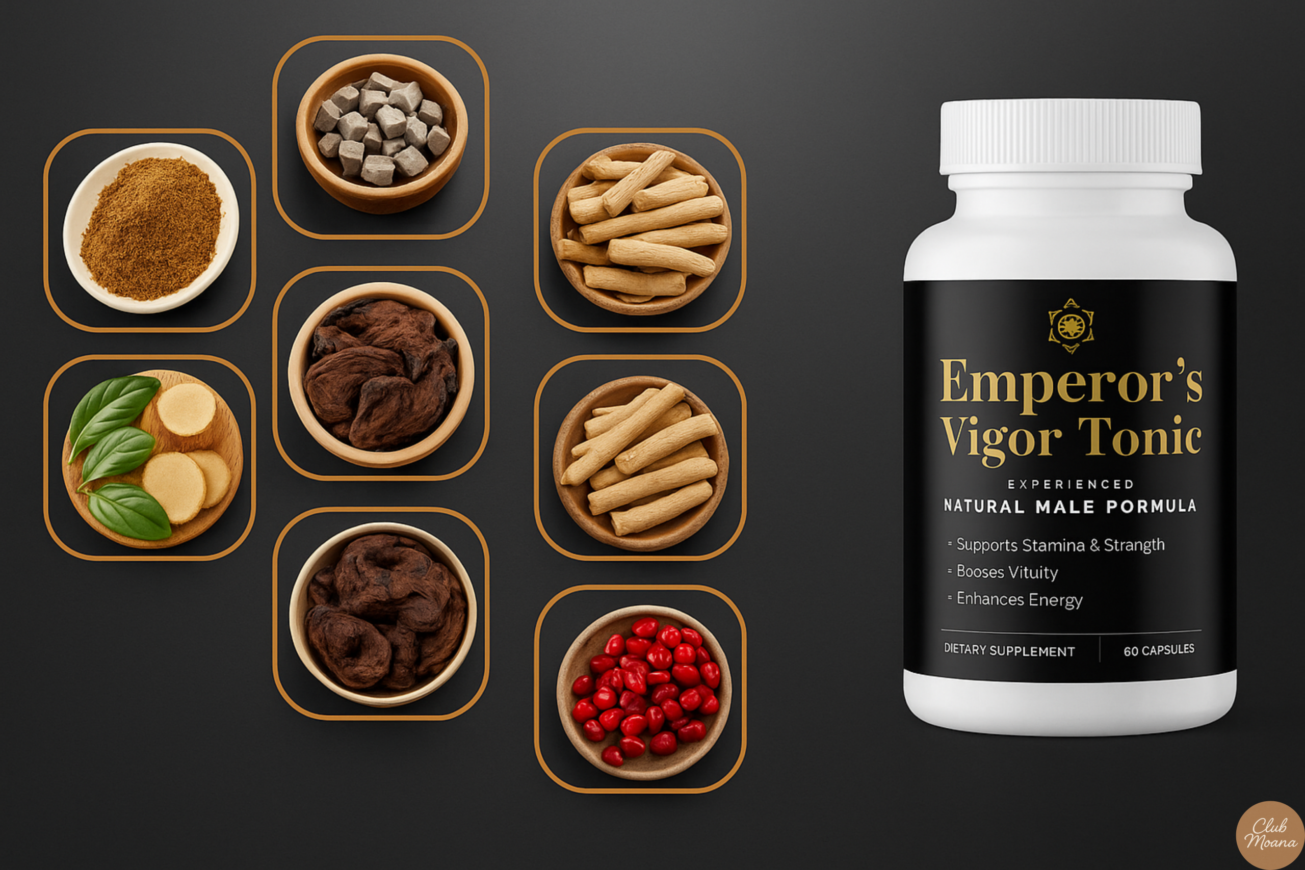 A clean product shot of Emperor’s Vigor Tonic with ingredients like maca, ginseng, and herbs in the background.