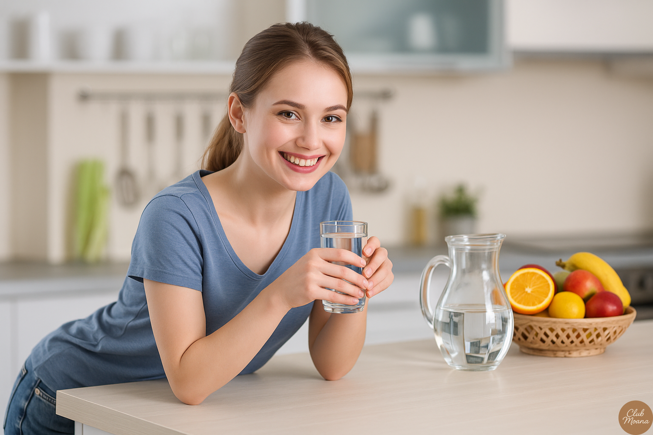 A close-up of a water bottle and a bowl of fruit on a kitchen counter