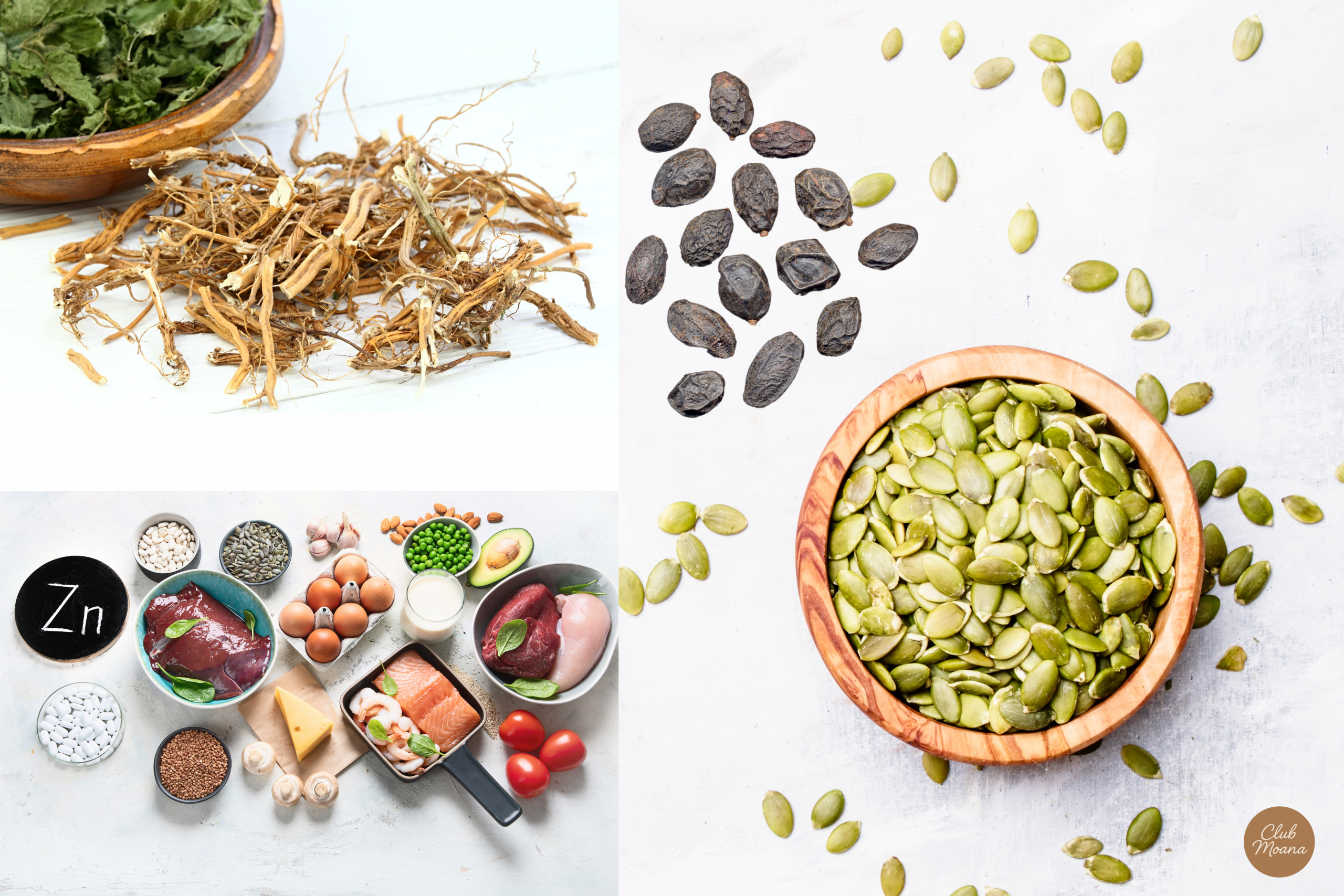 Natural ingredients – Saw Palmetto, Nettle Root, Zinc, and Pumpkin Seeds displayed on a wooden table