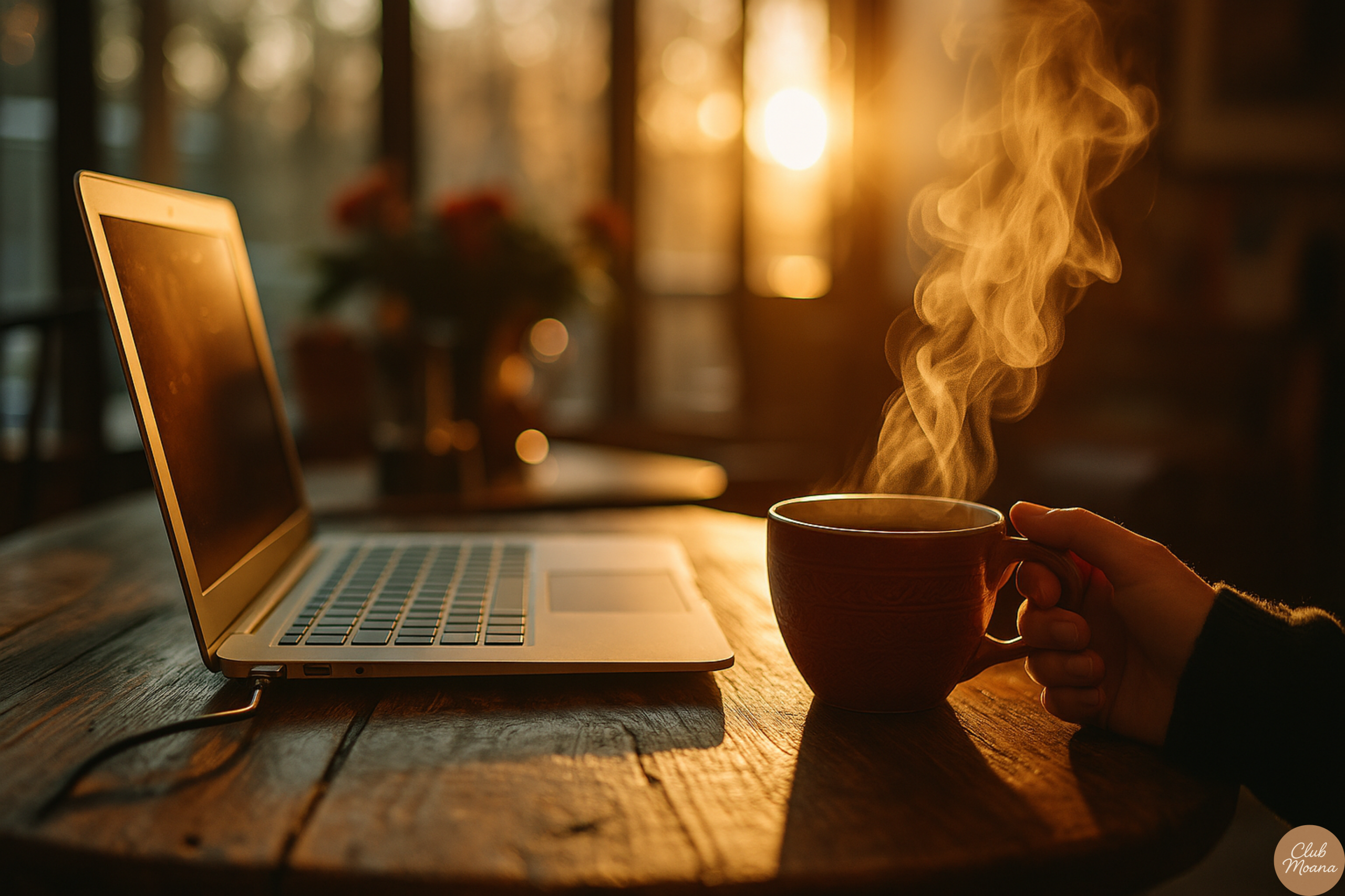 Calm morning setting – a tea cup, reading glasses, and a supplement bottle