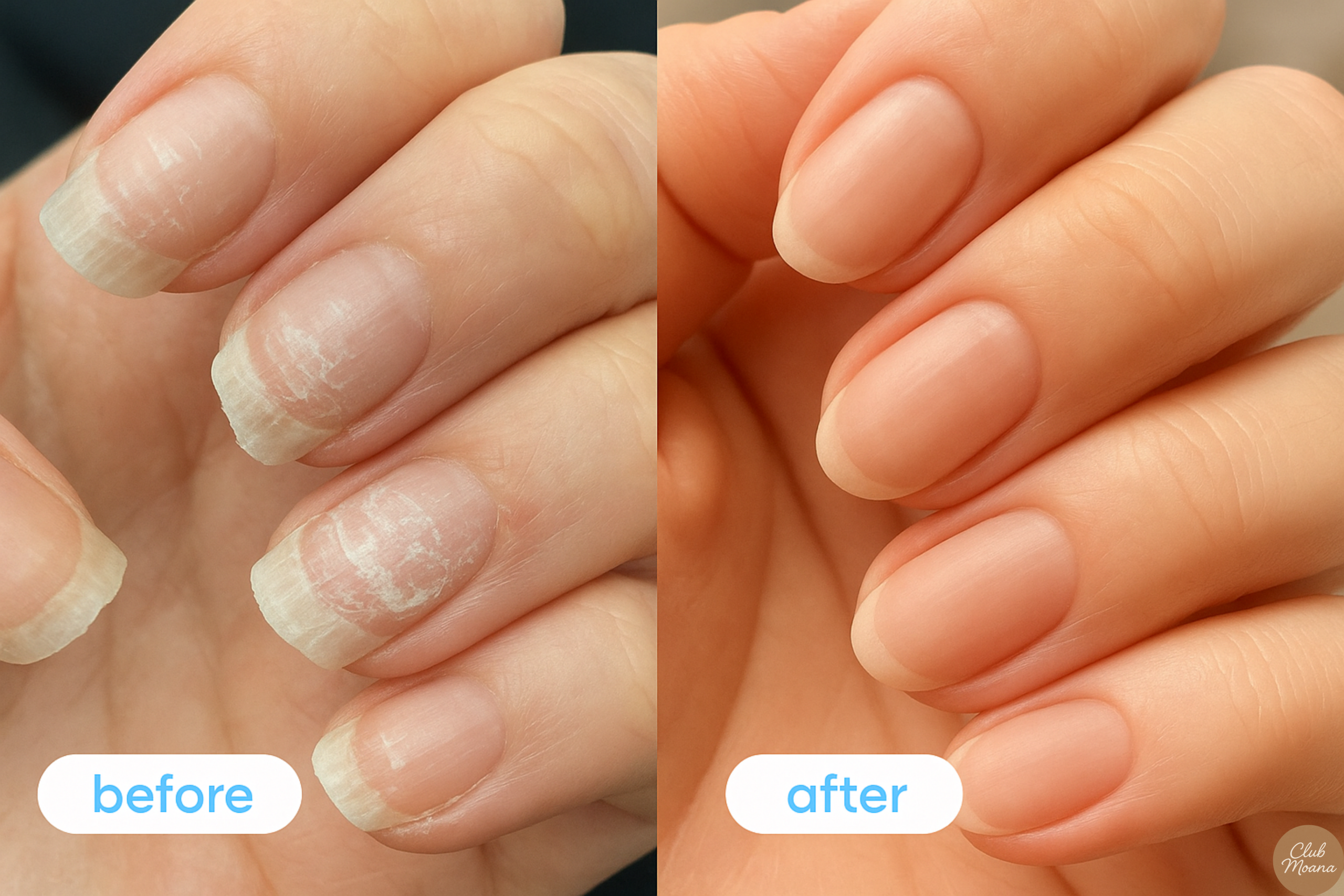 Close-up image of brittle nails vs. strong, healthy nails