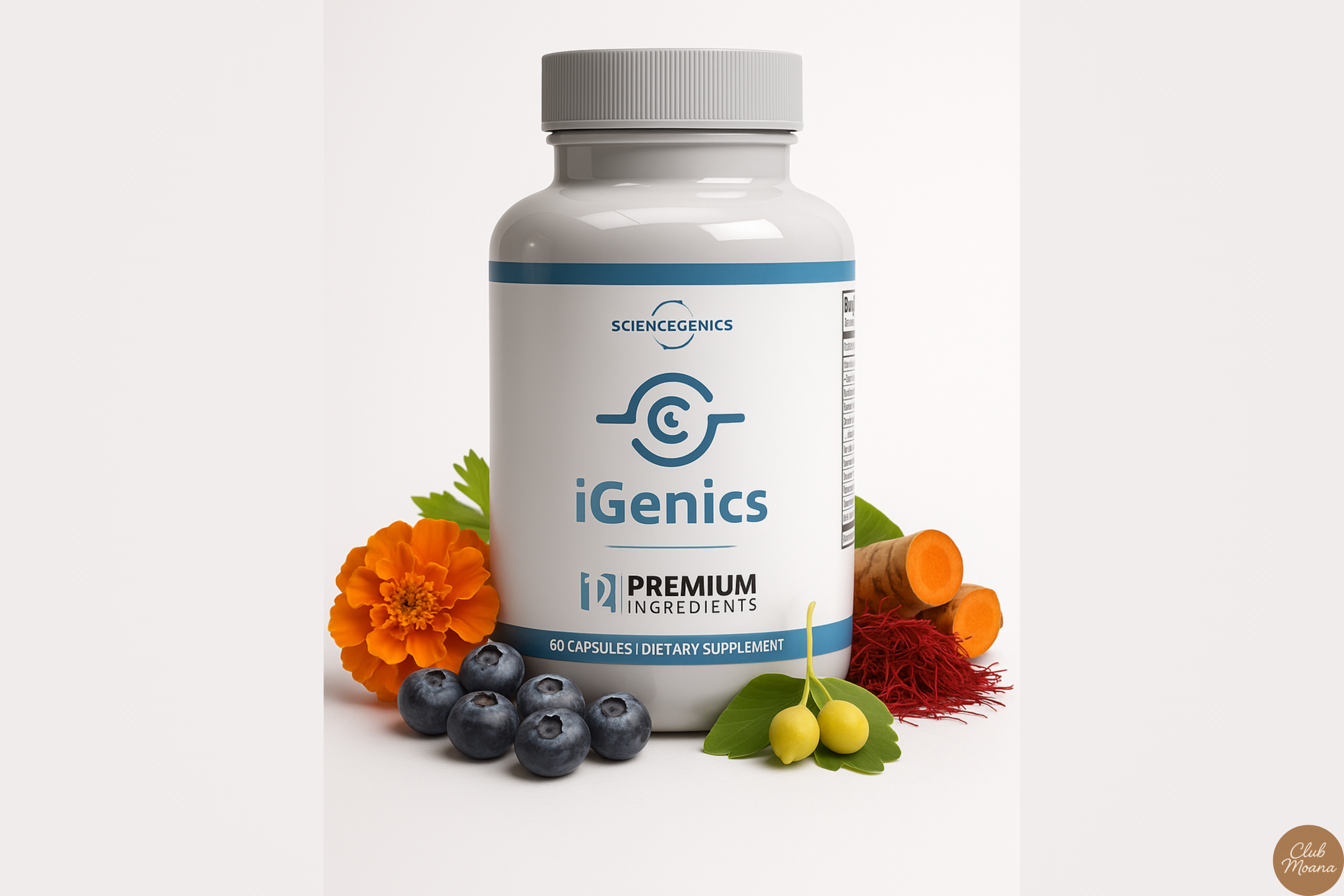 Flat lay of iGenics supplement bottle with a pair of reading glasses and a notebook