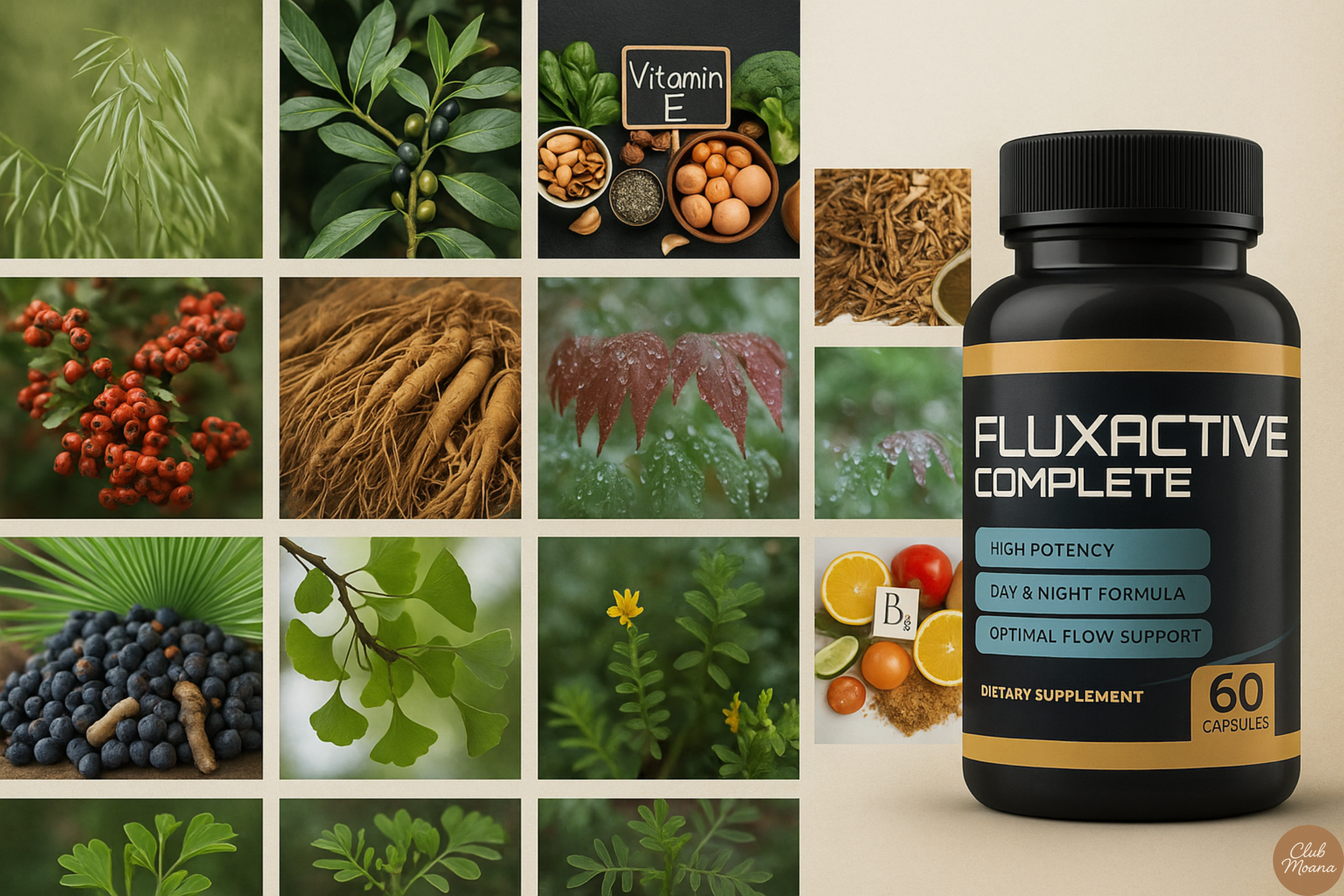 Flat lay of natural herbs used in prostate supplements like saw ginseng palmetto and ginseng