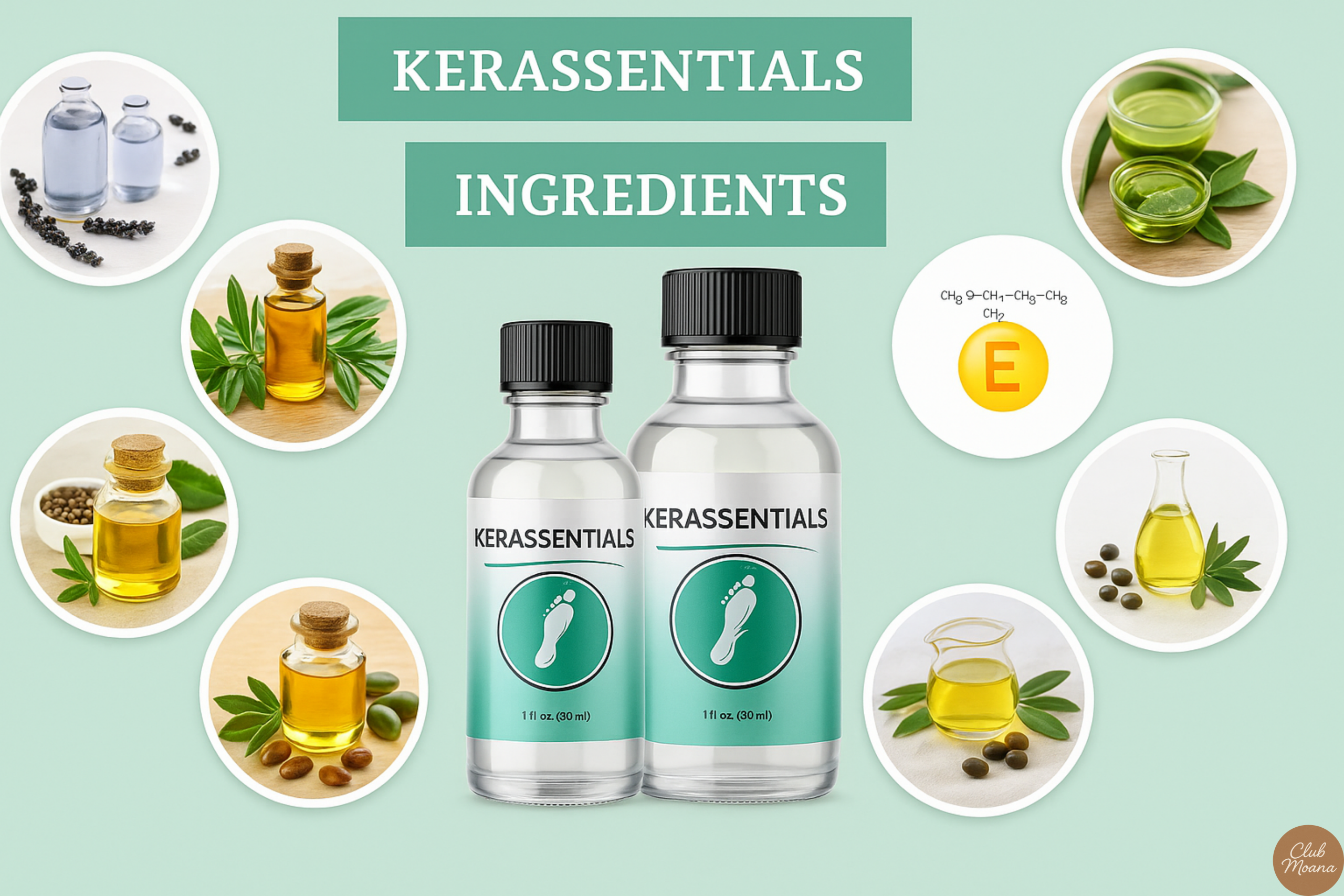 Ingredients flat lay – lavender, clove, almond, and a dropper bottle