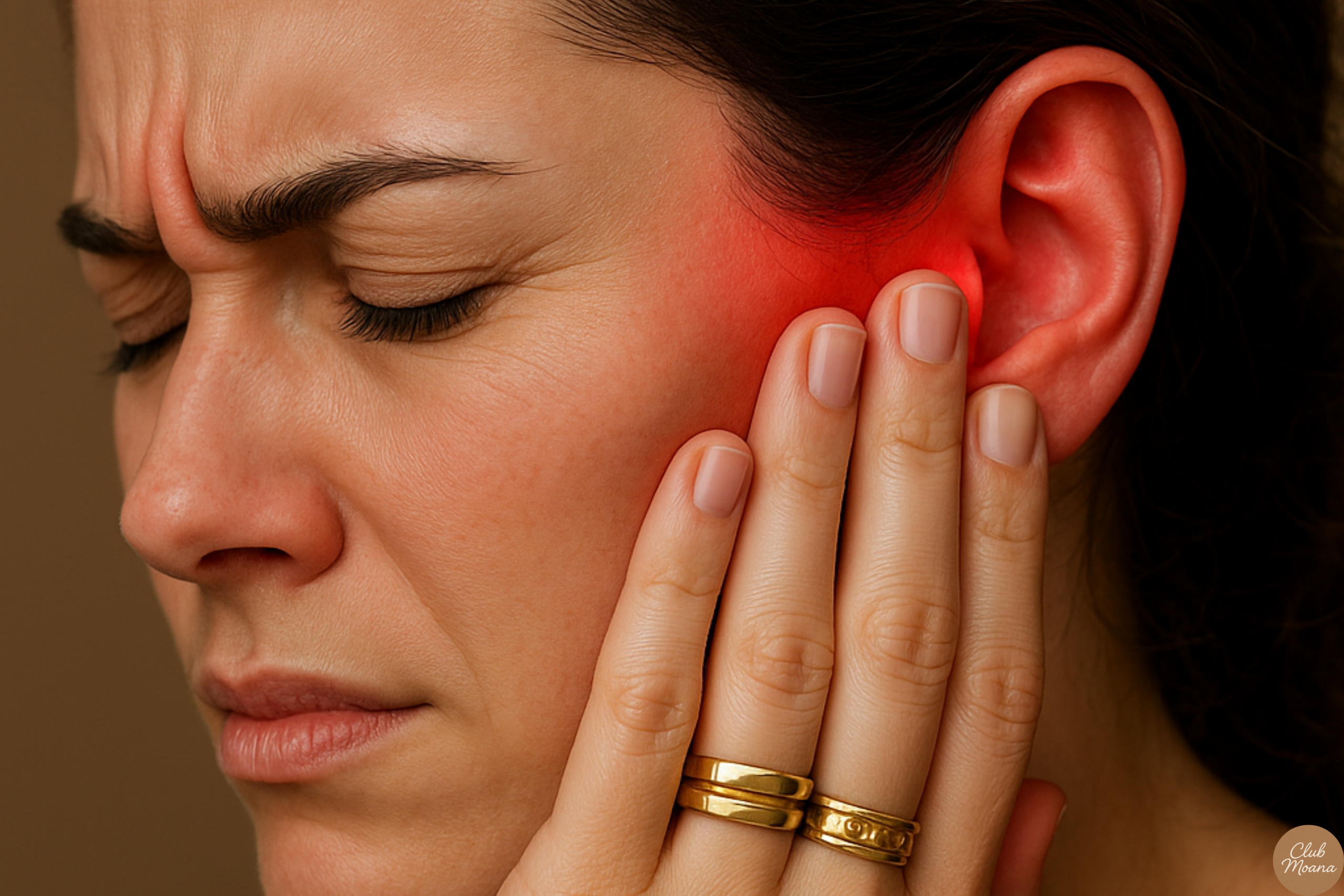 Person sitting on bed gently touching their ear, looking thoughtful