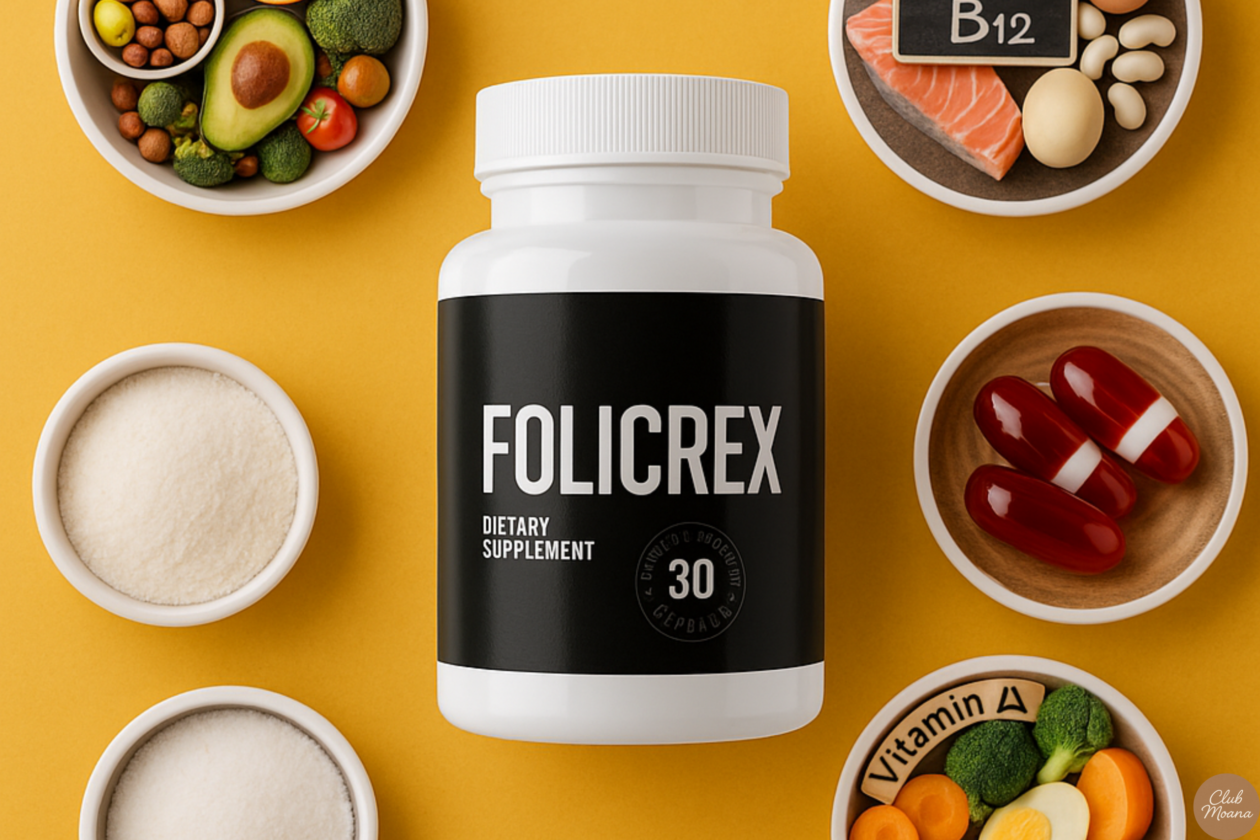 Supplement bottle + natural ingredients like flaxseed, krill oil, vitamins