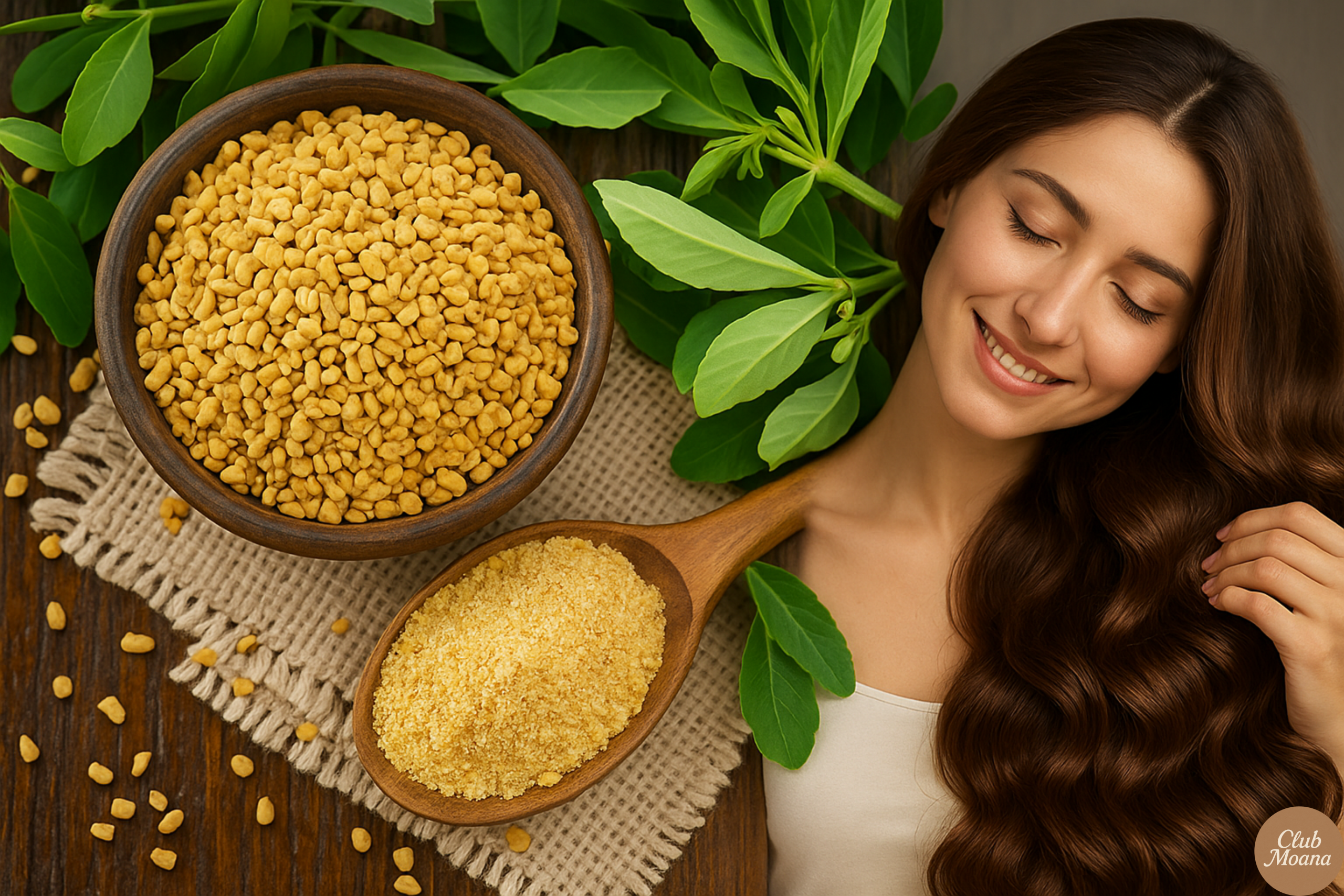 Bowl of soaked fenugreek seeds and fenugreek paste being applied to scalp