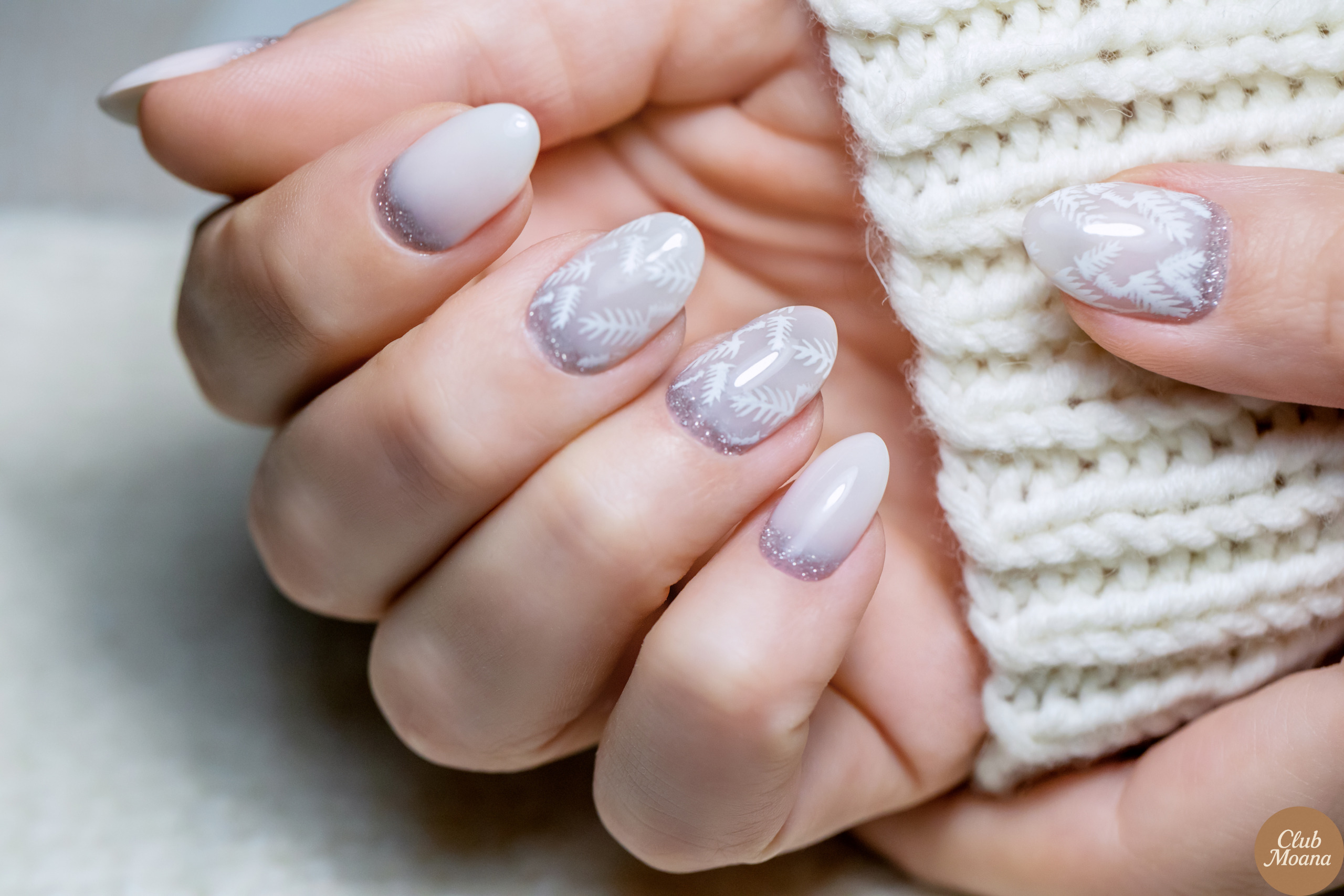 Lavender shimmer nails with soft knitwear
