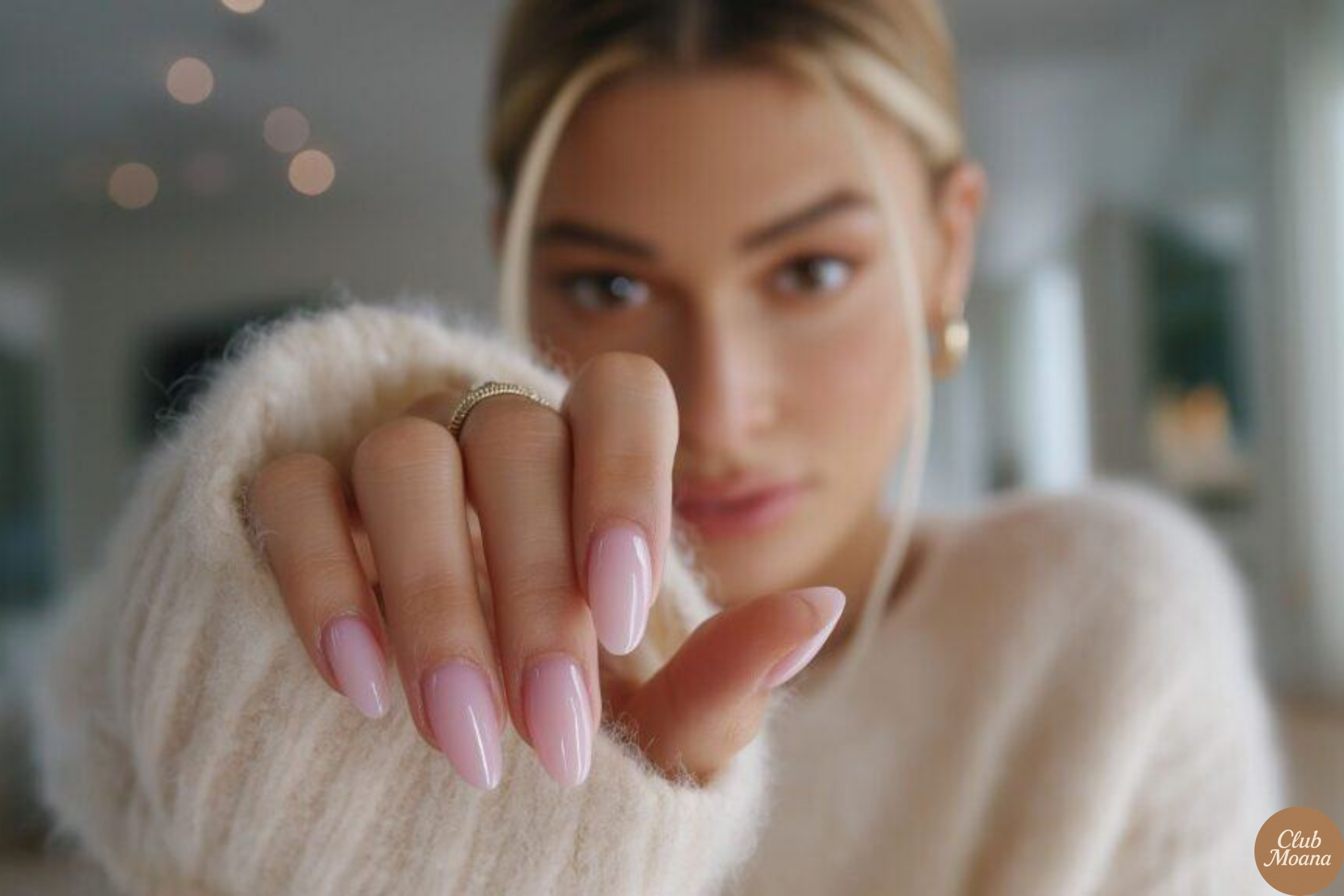 Nude nails resting on white linen fabric under daylight