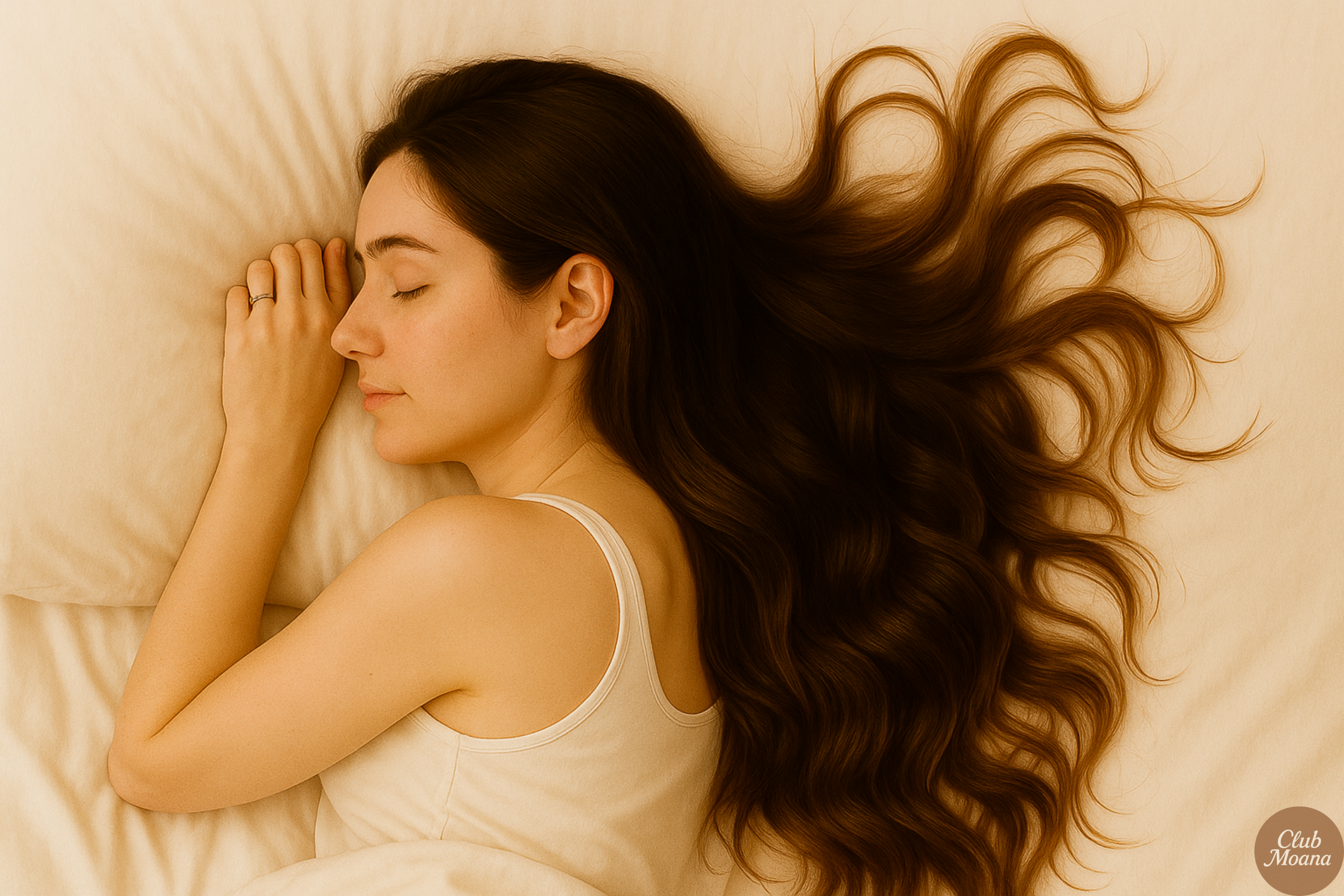 Soft silk pillow with long hair strands resting on it