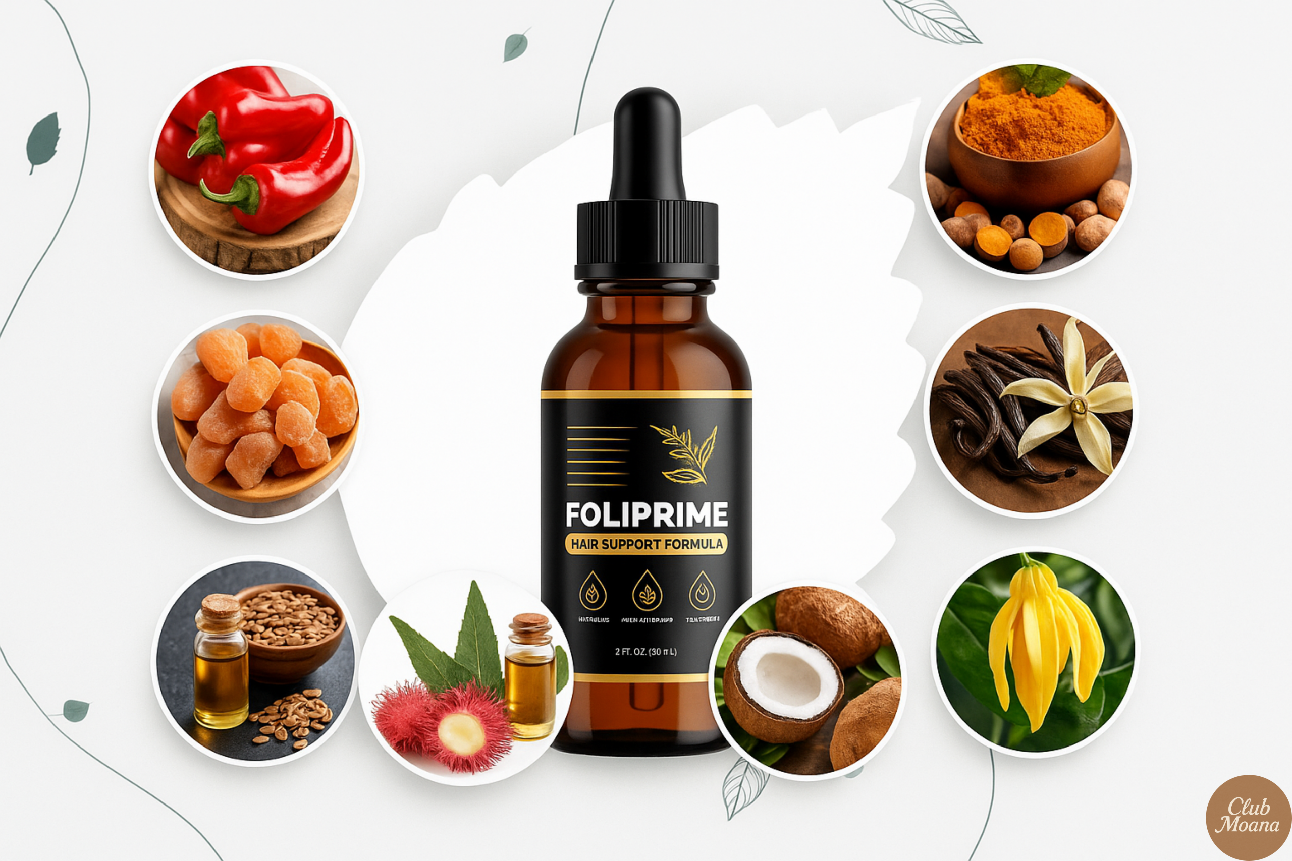 FoliPrime bottle with natural ingredients around it—mint, seeds, herbal roots