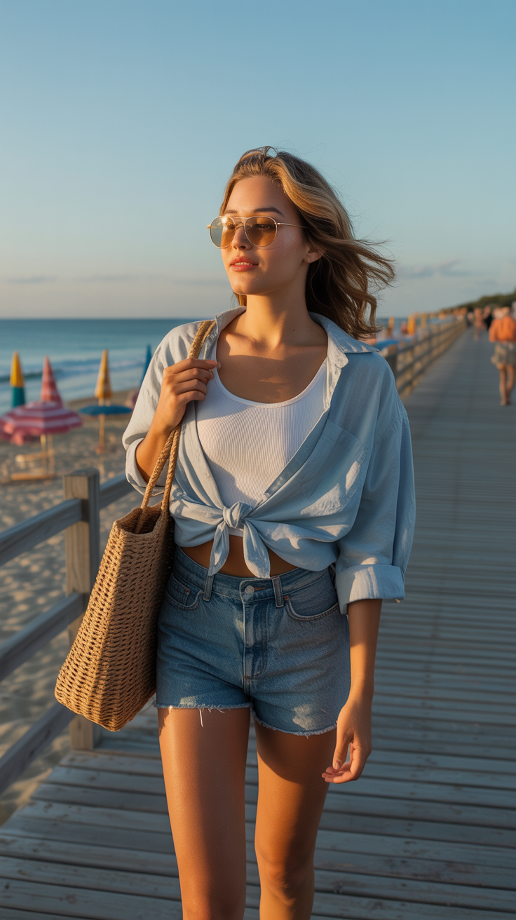 Denim Shorts + Tank + Button-Up