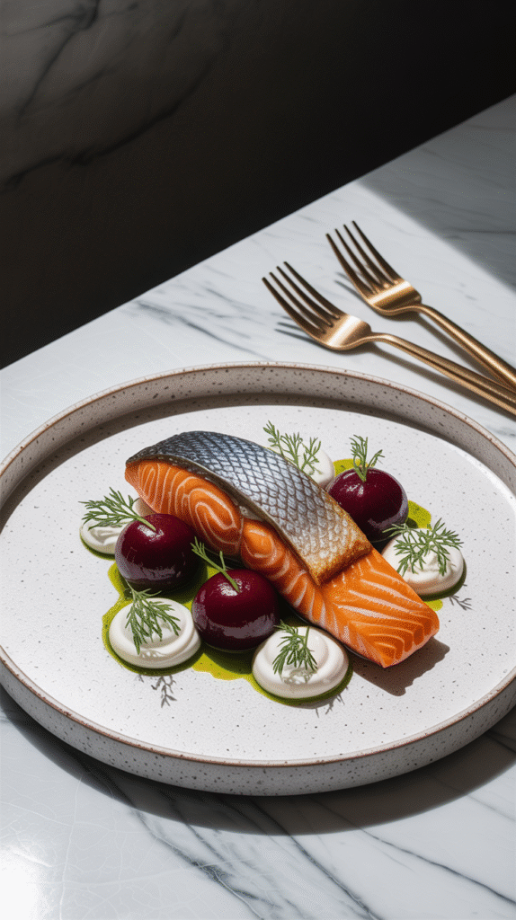 Pan-Seared Salmon with Dill Yogurt and Roasted Beets
