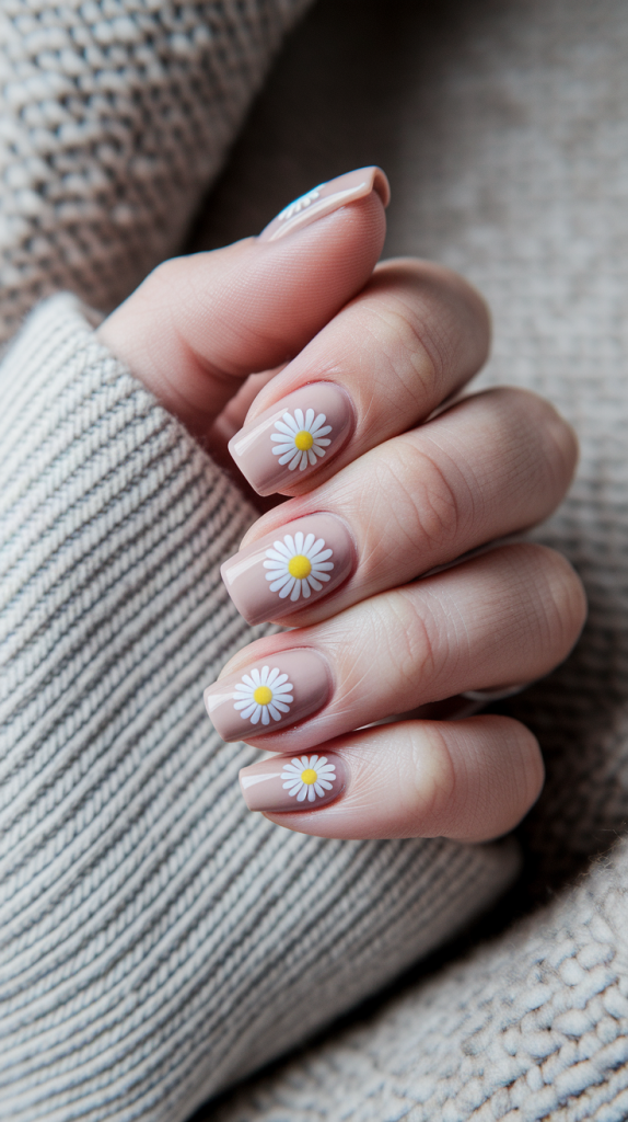 Tiny Daisies on Nude Nails