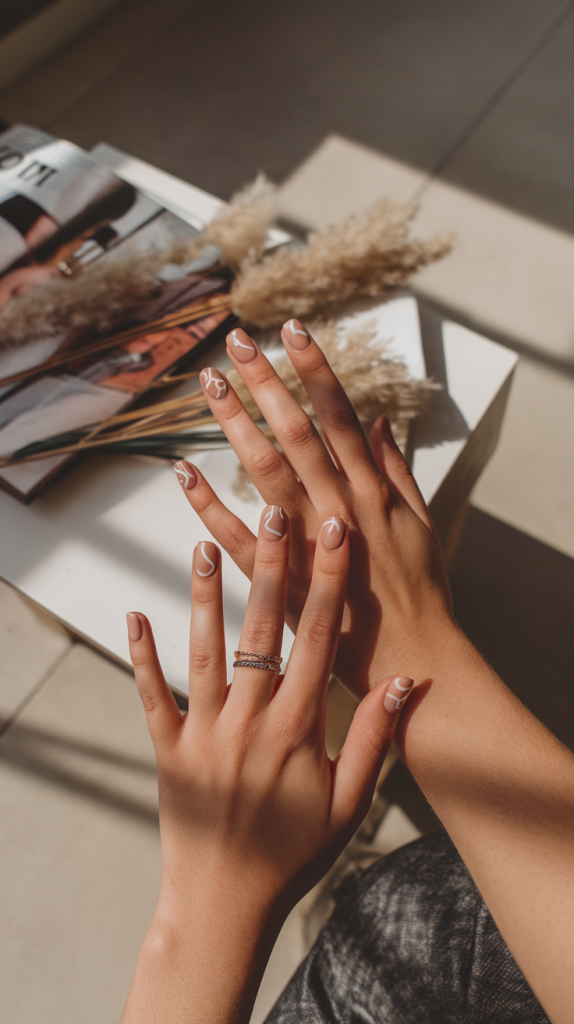 White Nail Art on Nude Base
