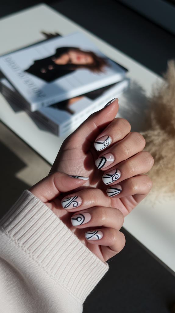 White Nail Art on Nude Base