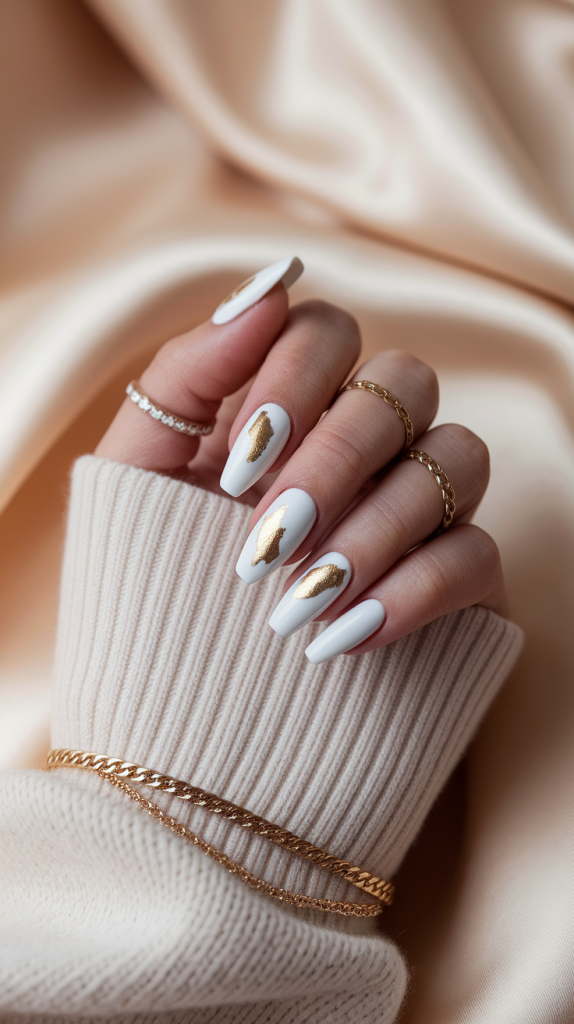 White Nails with Gold Accents