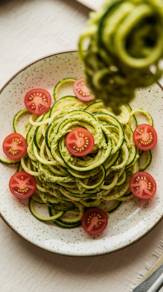 Zucchini Noodles with Pesto and Cherry Tomatoes
