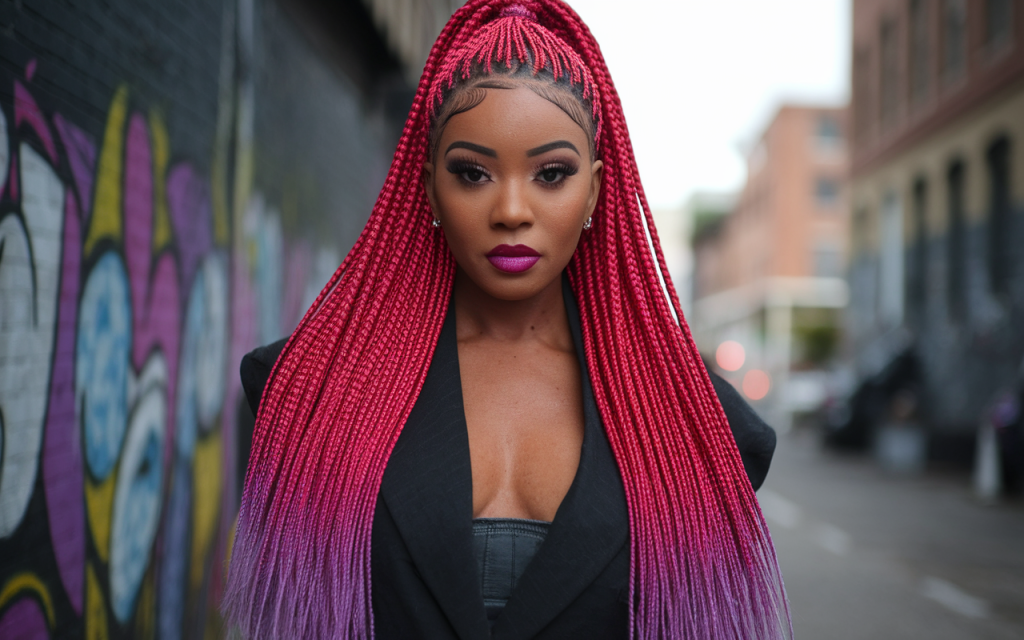 A bold, stylish Black woman with a mid or high braided ponytail made of bright red or ombré purple extensions. Her outfit and makeup complement the hair color. The background is urban and edgy—graffiti wall or cityscape.