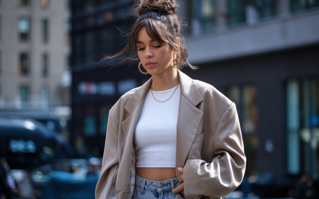 Cozy girl aesthetic in a matching neutral-toned ribbed knit set (sweater + shorts), lounging with coffee in hand, soft minimal background, warm tones, soft lighting, effortlessly chic look, fall fashion vibe 