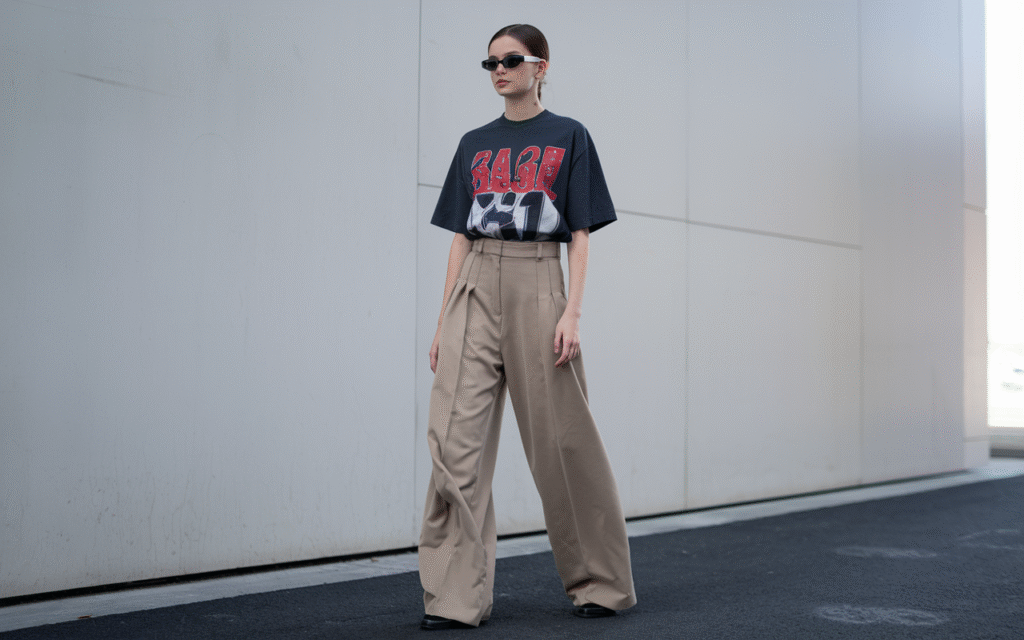 Minimalist-chic street look, girl wearing wide-leg beige trousers and a bold graphic tee, oversized sunglasses, standing against a clean white wall, elevated casual outfit idea, fashion-forward expression 