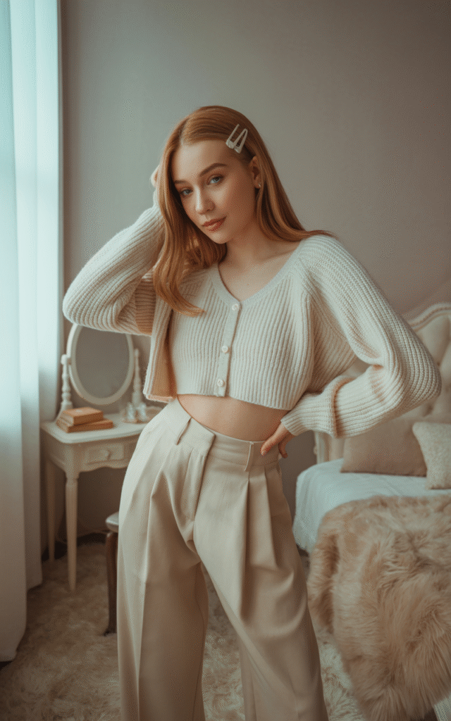 Cardigan as a Top + Pleated Pants