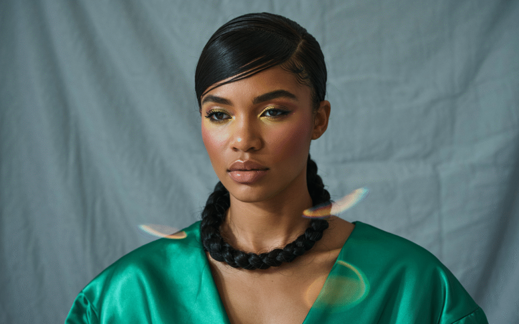 Low Braided Ponytail with Swoop Bang