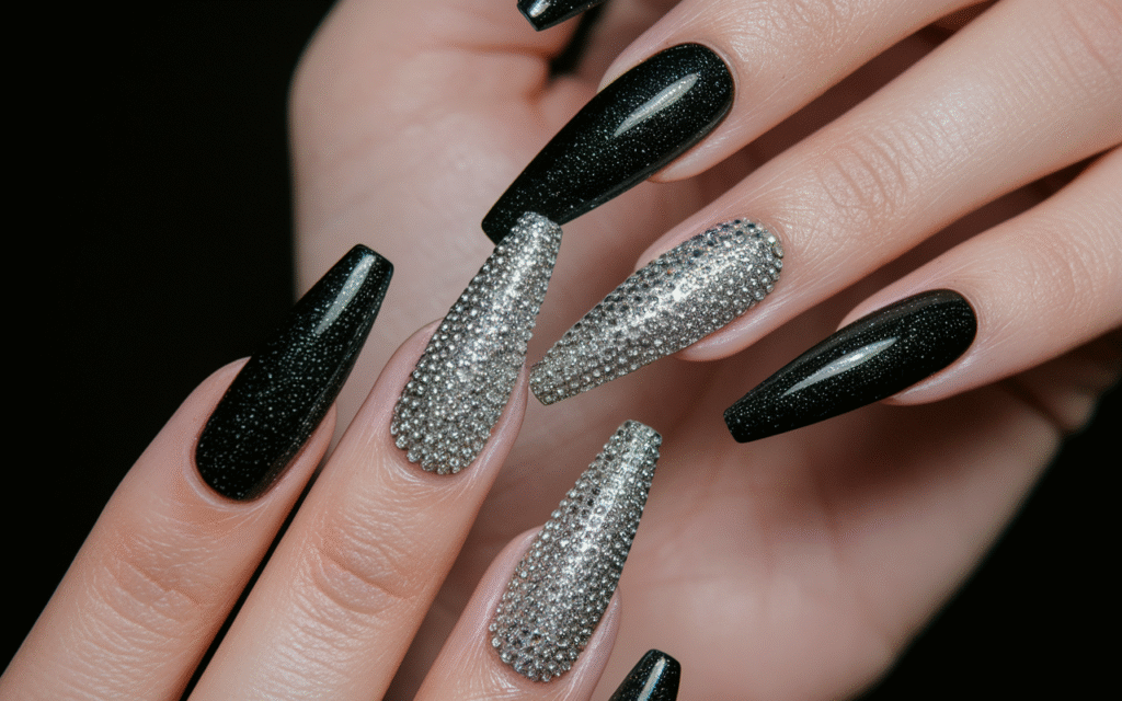 Black Nails with Rhinestones