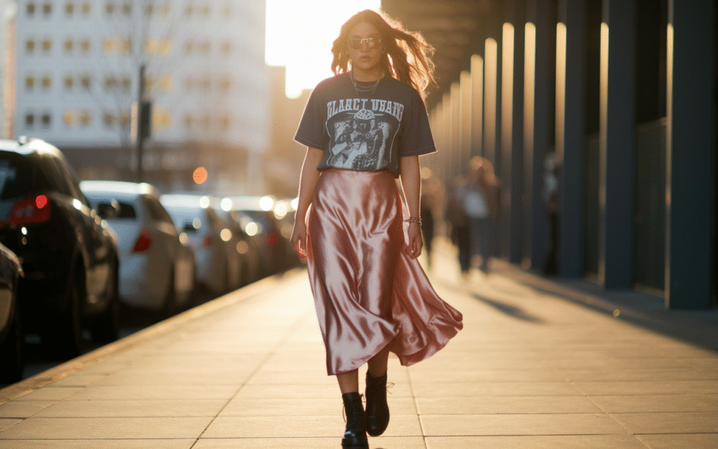 Graphic Tee + Satin Midi Skirt