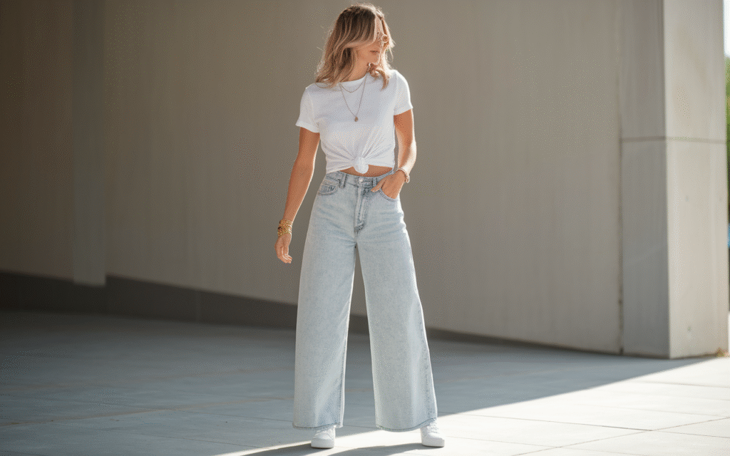 White Tee + Wide-Leg Jeans