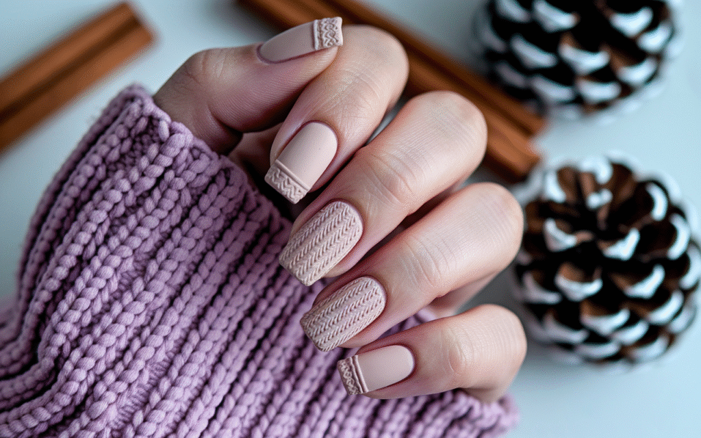 "Macro shot of French square nails with 3D knitted sweater patterns on the tips, soft matte nude base, hand in chunky knit cardigan sleeve, cinnamon sticks and pinecones in background, warm cozy aesthetic."