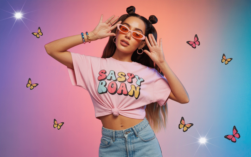 Y2K Vibes – Baby Tee + Low-Rise Anything + Butterfly Clips