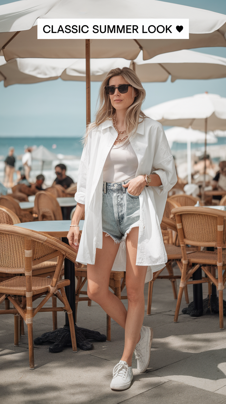 Button-Up Shirt + Denim Shorts