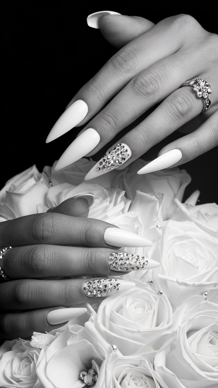 Dramatic Stiletto Whites with Rhinestones
