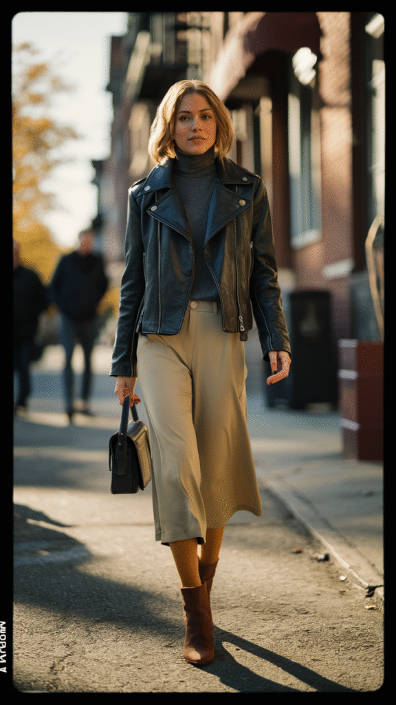 Faux Leather Jacket + Turtleneck + Midi Pants