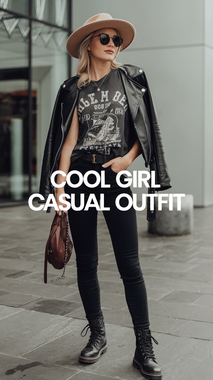 Graphic Tee + Leather Jacket + Black Jeans