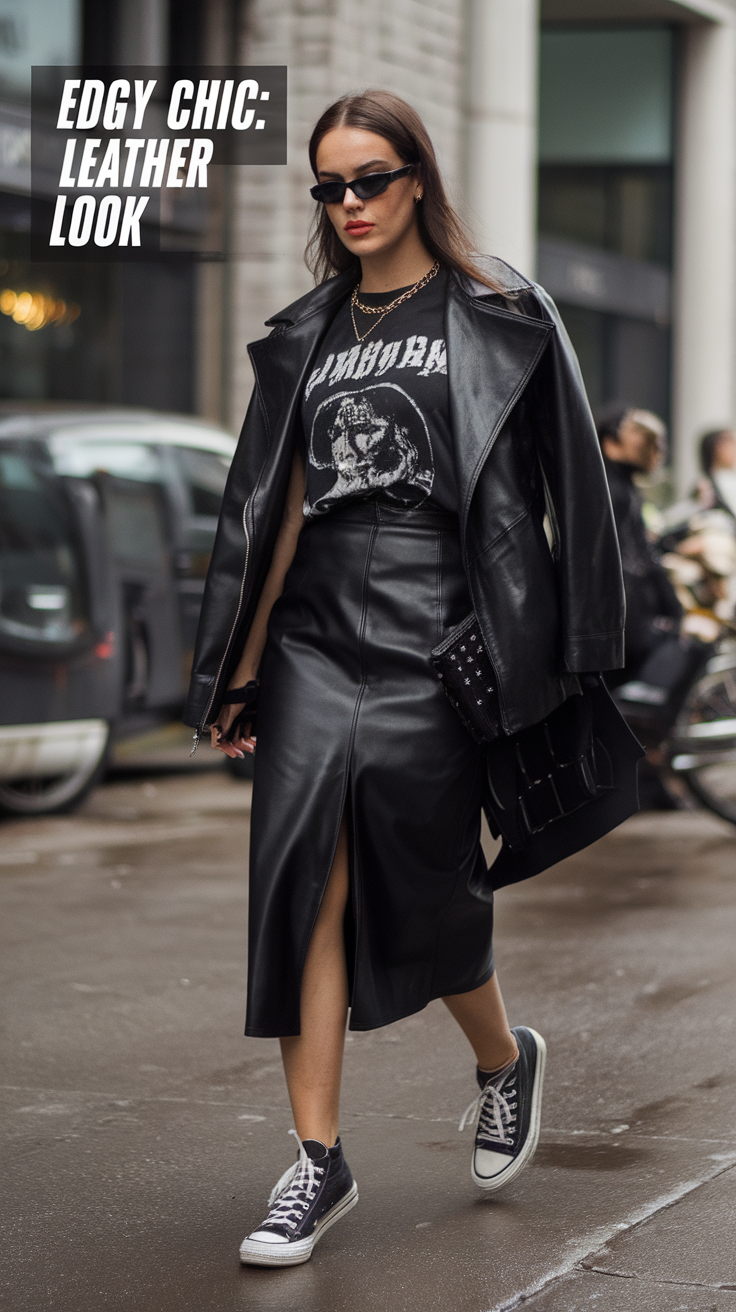 Leather Skirt + Band Tee