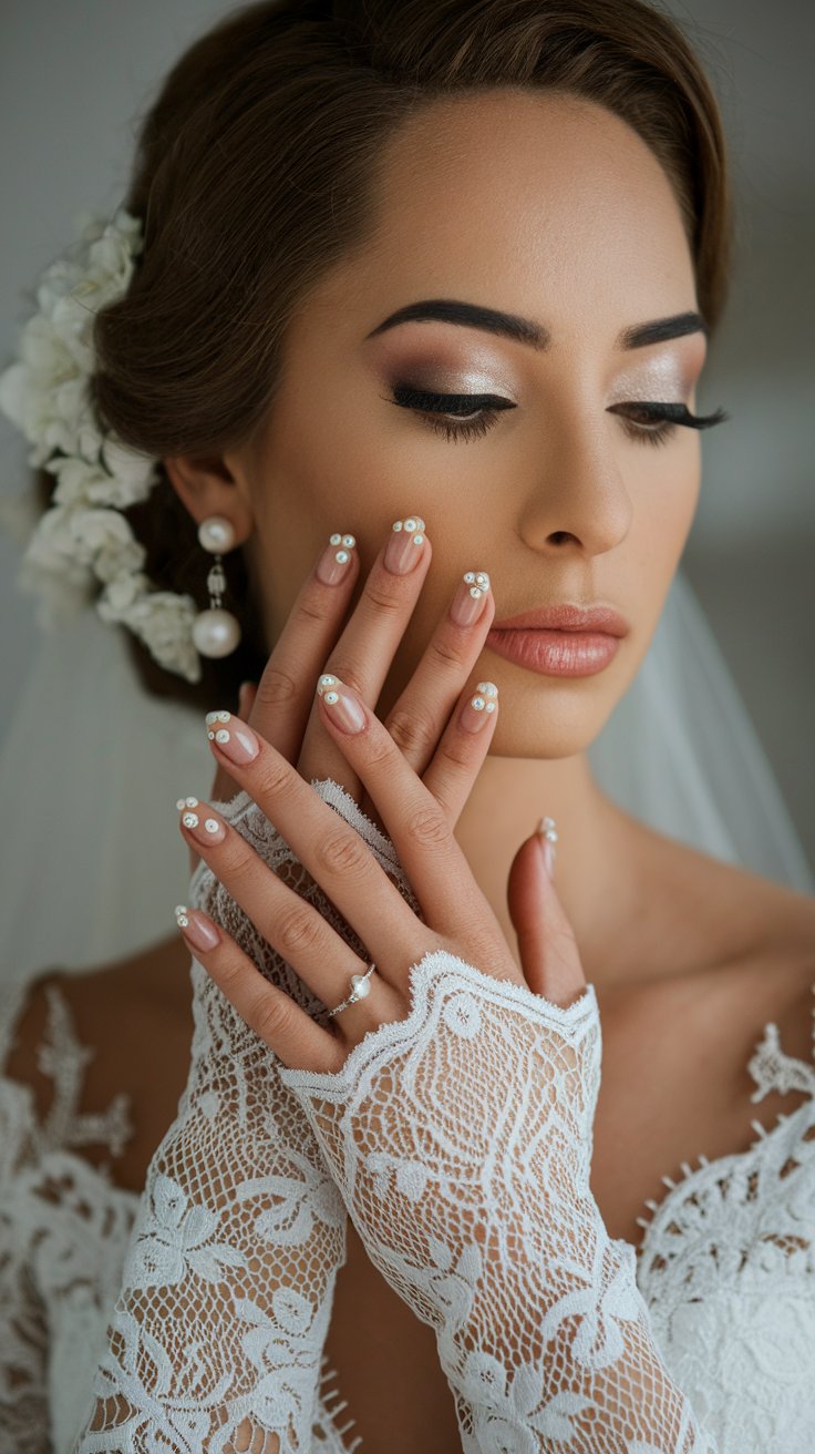 Nude Acrylics with Tiny Pearl Accents