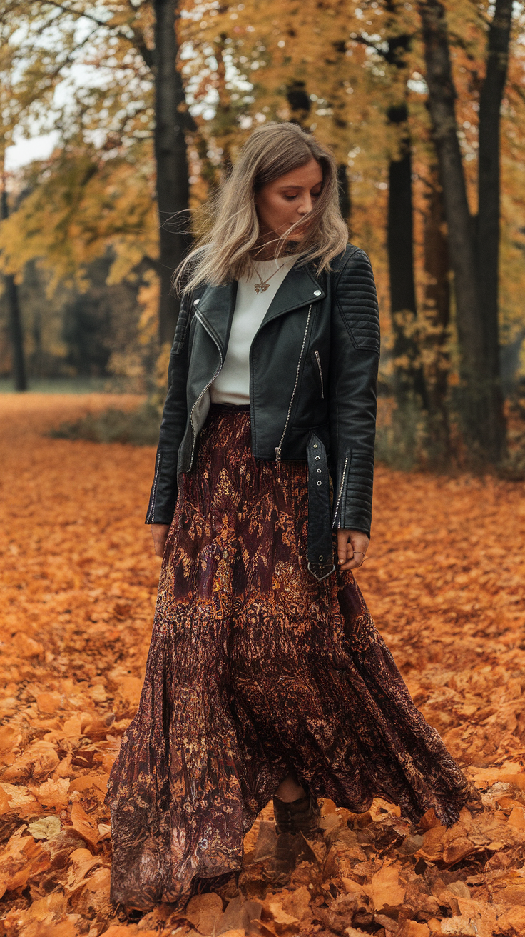 Printed Maxi Skirt + Leather Jacket