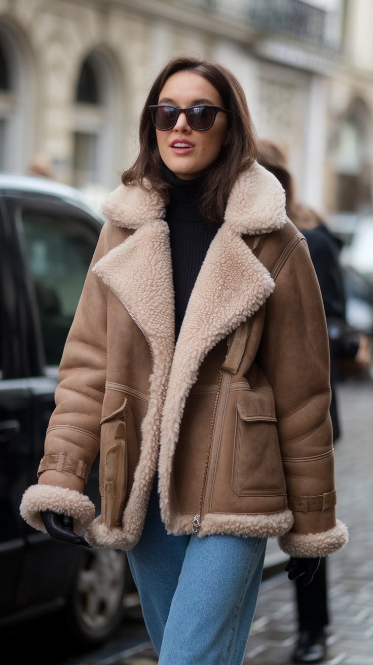 Shearling-Lined Coat + Jeans