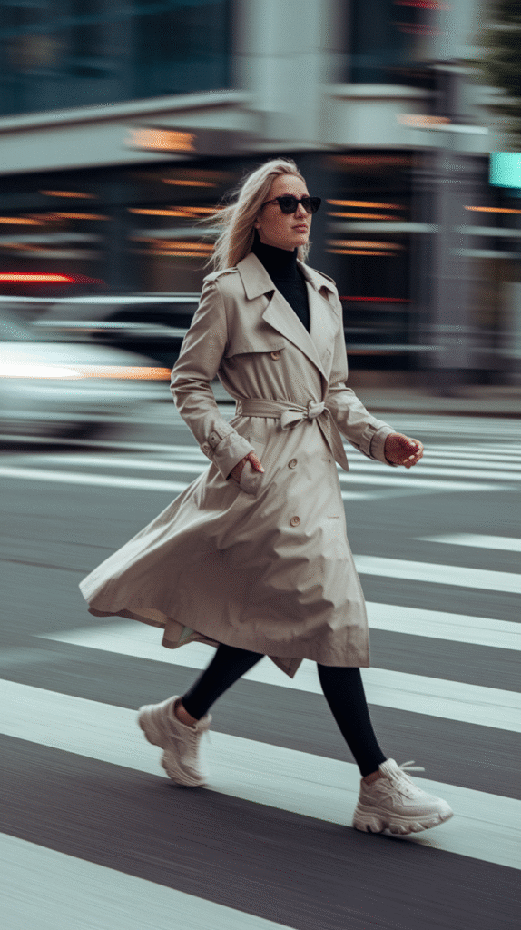 Trench Coat + Leggings + Chunky Sneakers