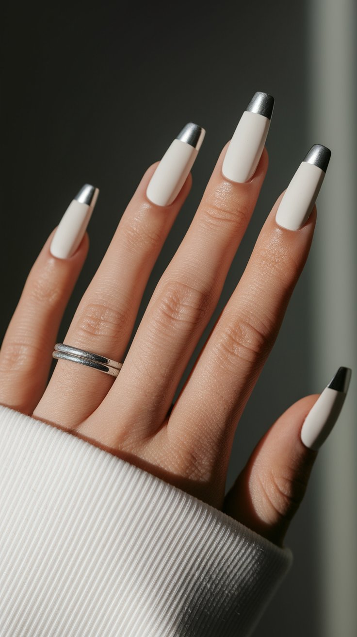 White Matte Acrylics with Metallic Silver Tips