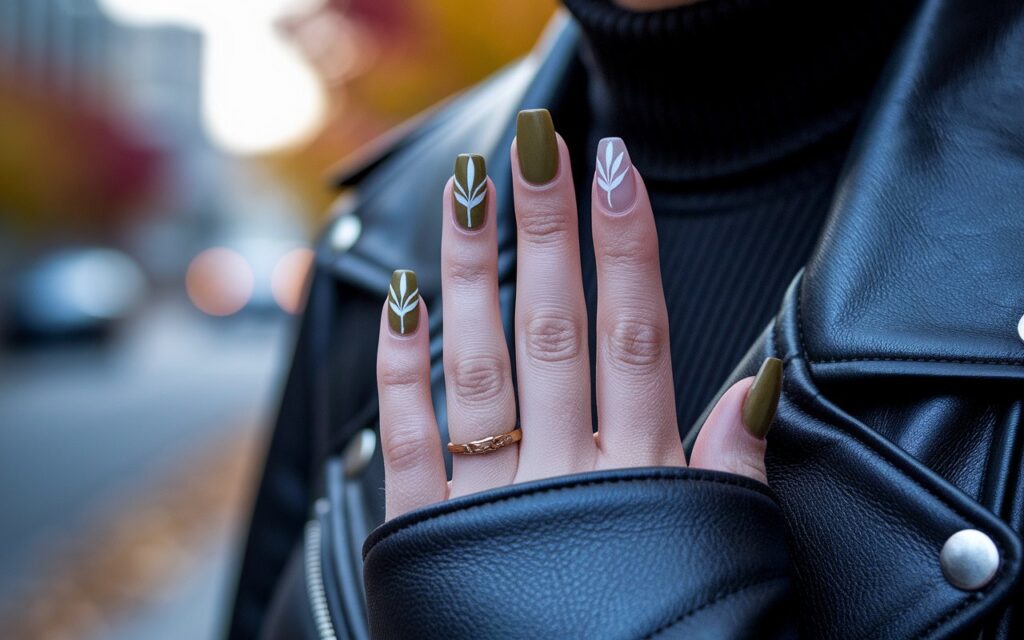 Negative Space Nails with Olive Green + White Leaves