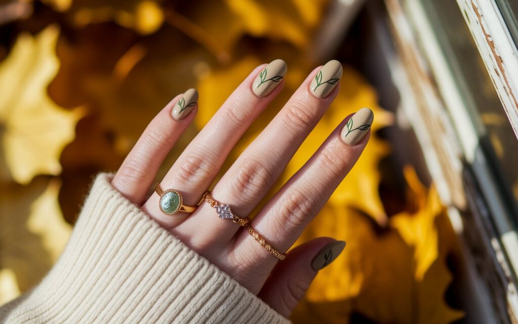 Beige Nails with Olive Green Leaf Outlines