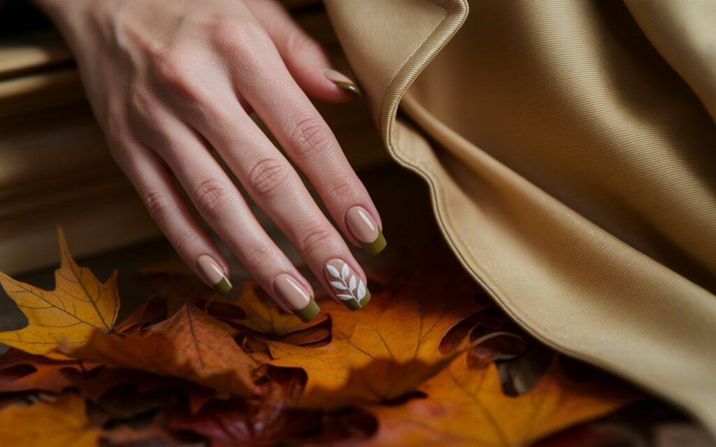 Beige Base with Olive Green French Tips + Leaf Art