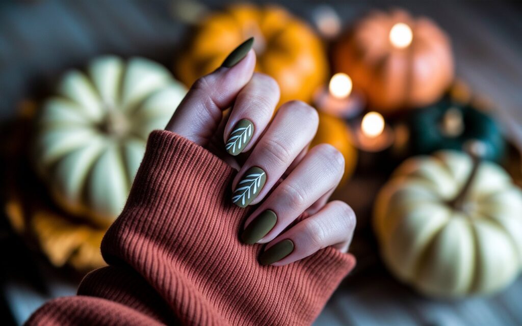 Olive Green Matte Nails with White Leaf Detailing