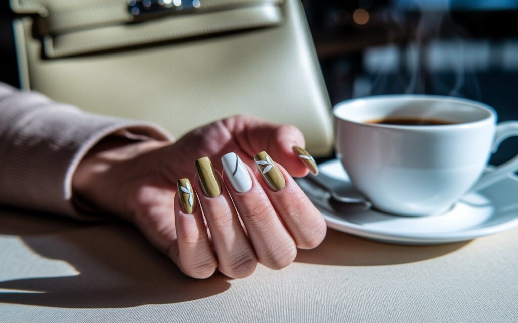 Olive Green + Beige Marble with Leaf Accents