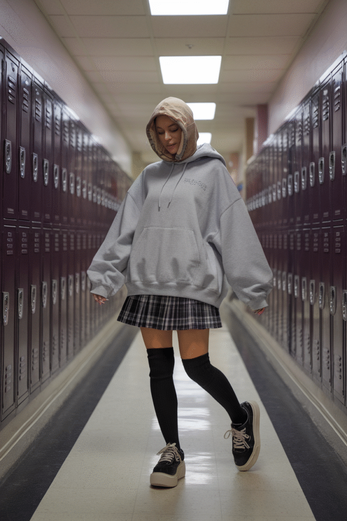Hoodie + Plaid Skirt