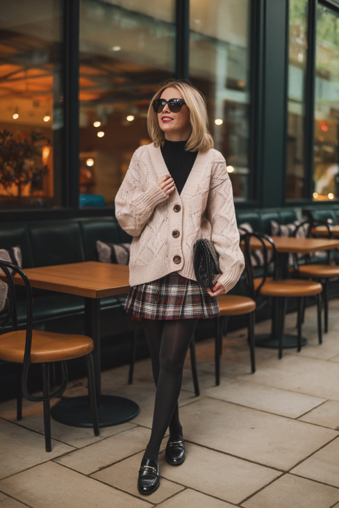 Cardigan + Mini Skirt + Tights