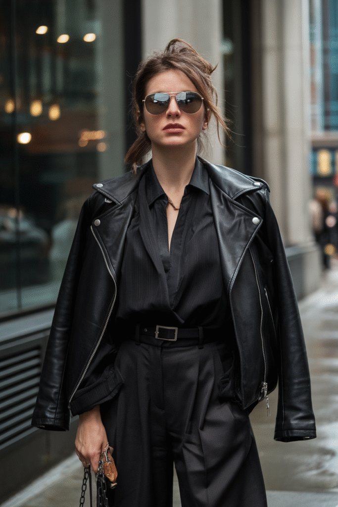 Leather Jacket + Wide-Leg Pants